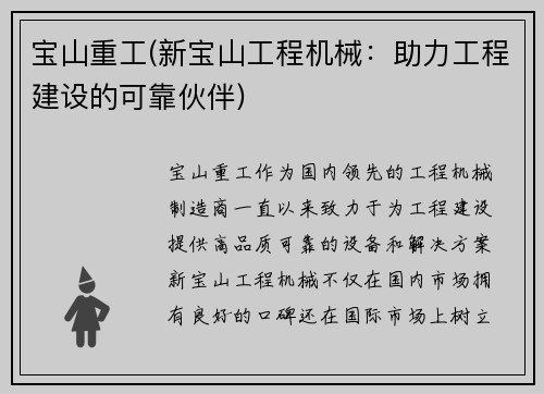 宝山重工(新宝山工程机械：助力工程建设的可靠伙伴)